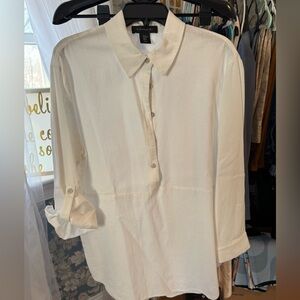 Tahari white linen Tunic Half Button Down Shirt